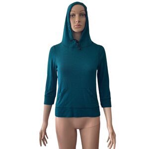 Hooded Pullover Sweat Shirt Womens Small Green Black Striped Stretch